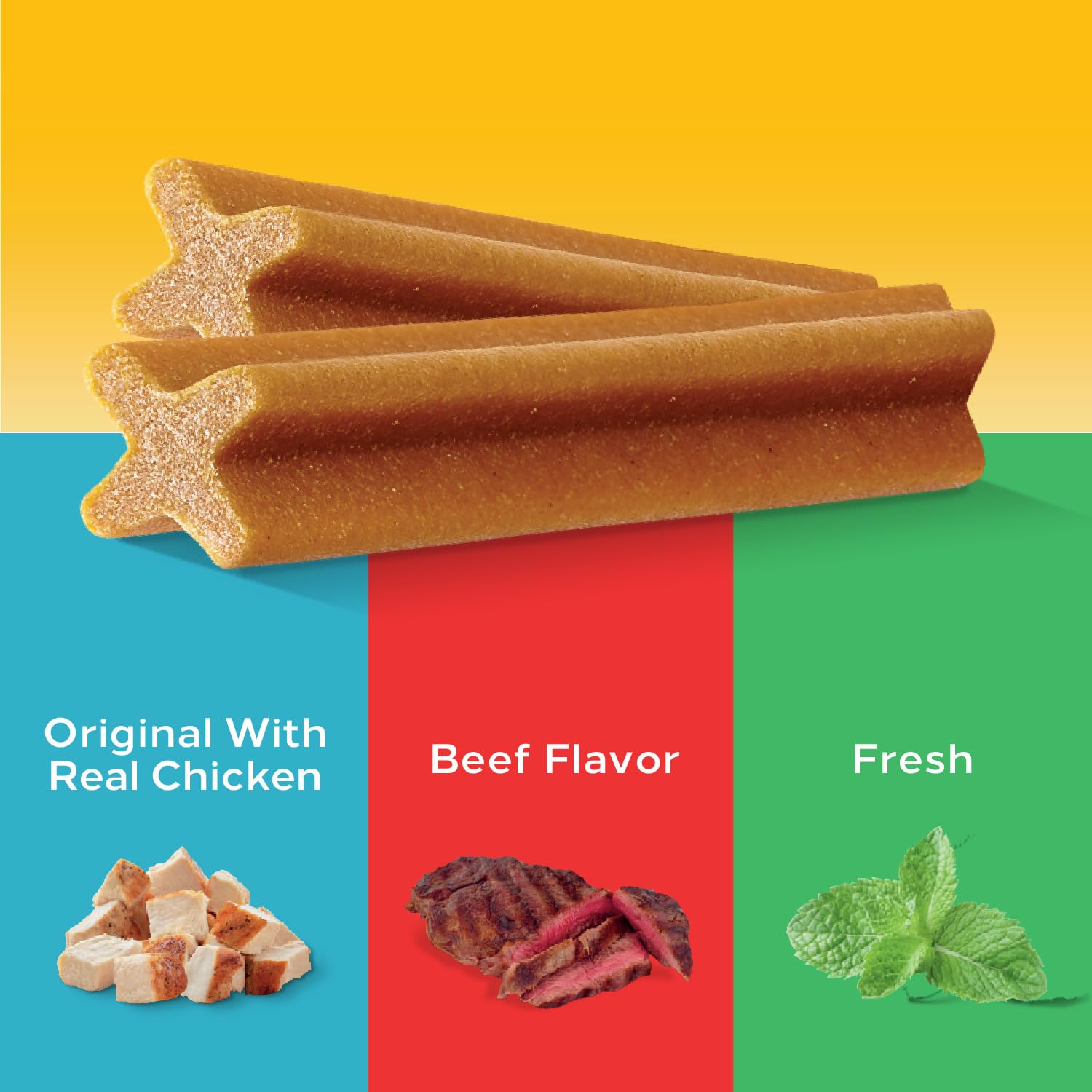 Pedigree Dentastix X-shaped design targets plaque in hard-to-reach areas.