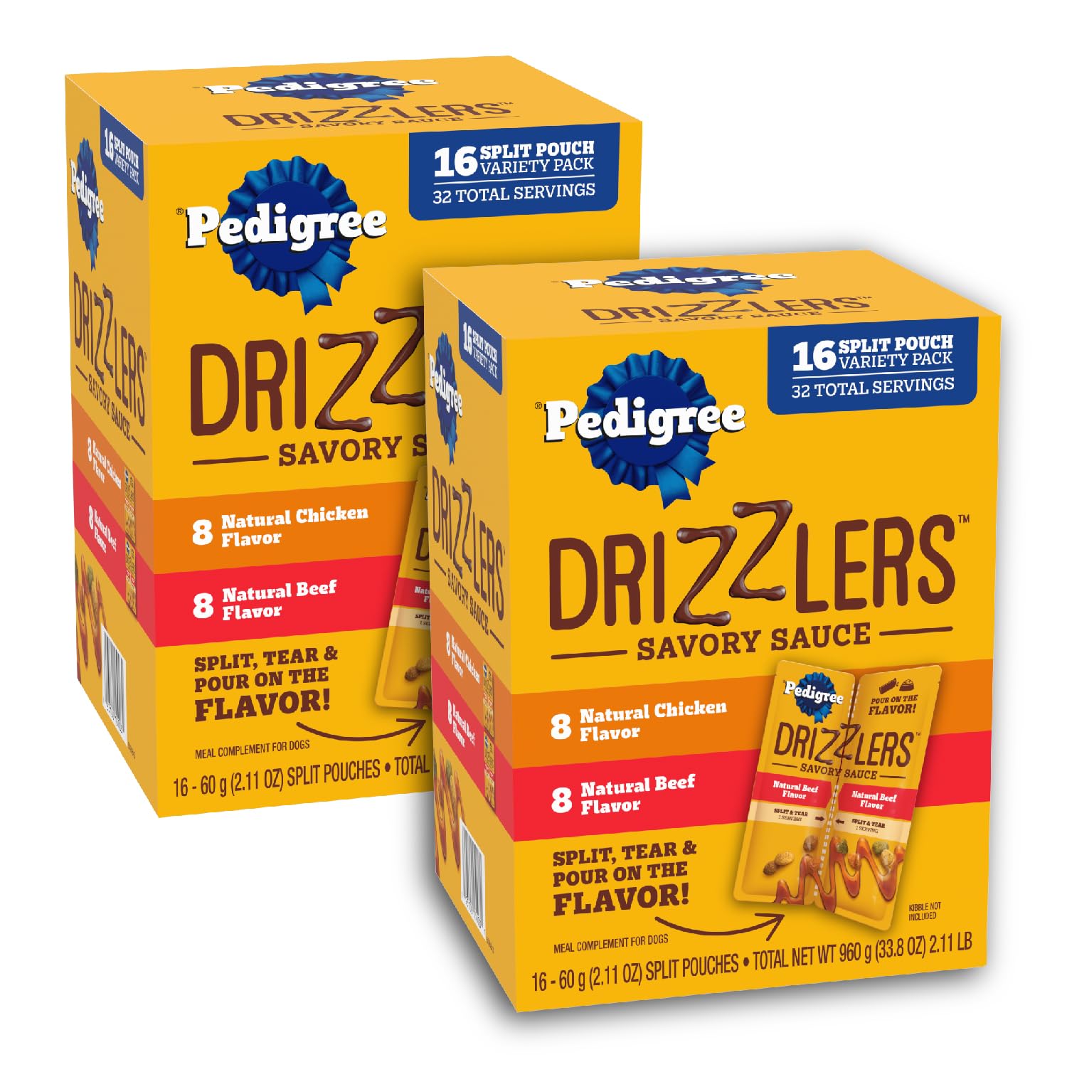 Pedigree Drizzlers dual-serving pouch ready to top dry kibble with flavor.