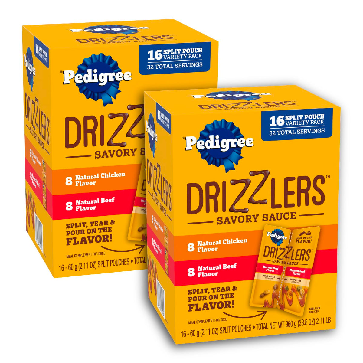 Pedigree Drizzlers dual-serving pouch ready to top dry kibble with flavor.