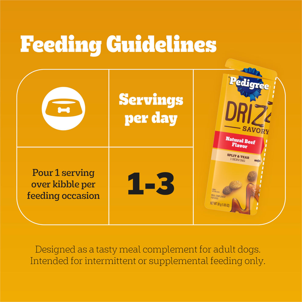 Pedigree Drizzlers 32-pouch multipack offers convenient mealtime topping.