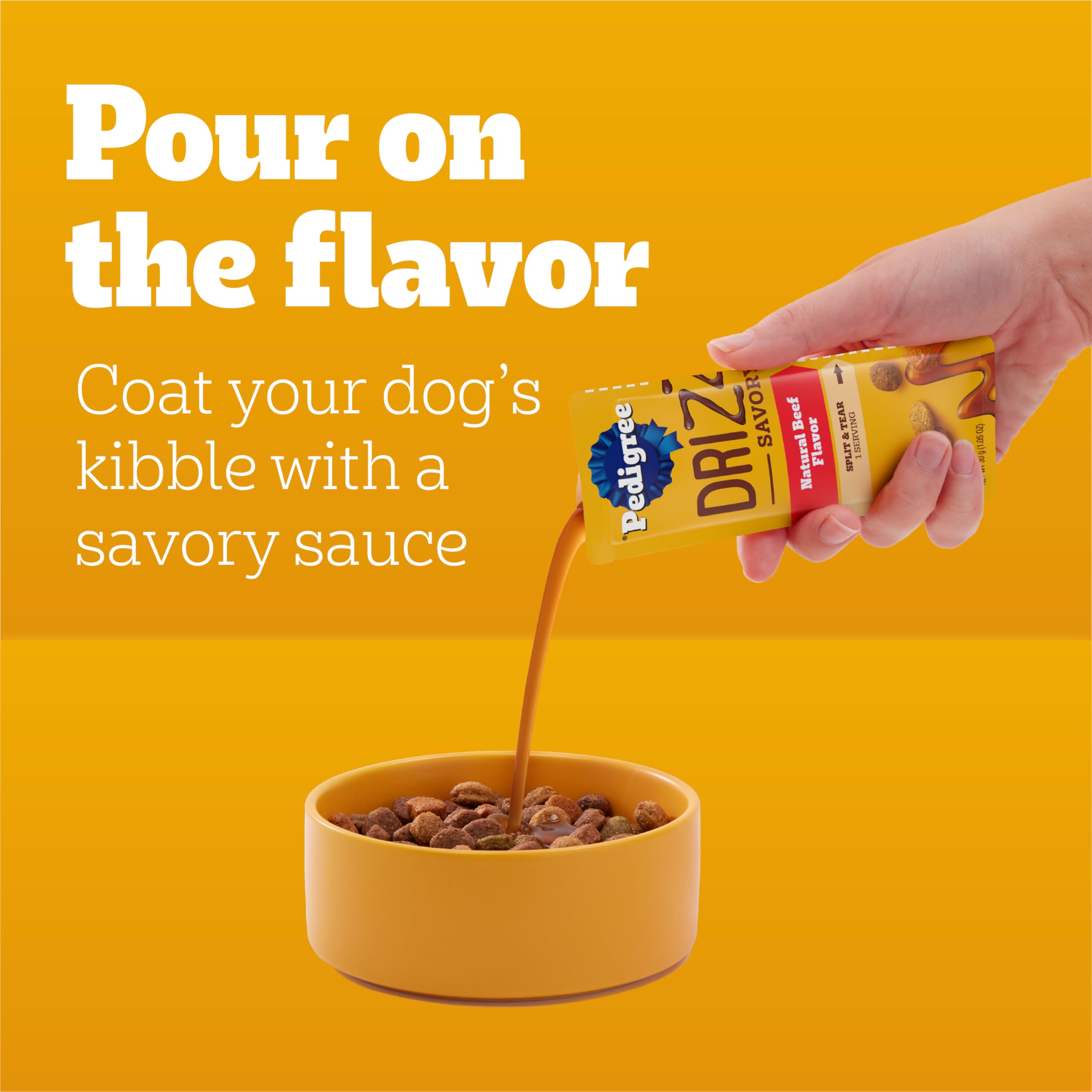 Pedigree Drizzlers savory sauce poured over kibble preserves crunch.