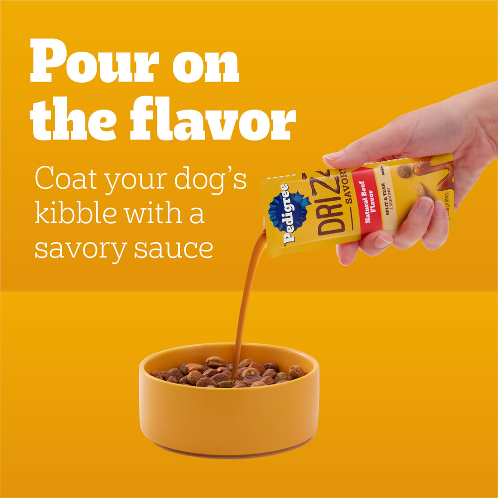 Pedigree Drizzlers savory sauce poured over kibble preserves crunch.