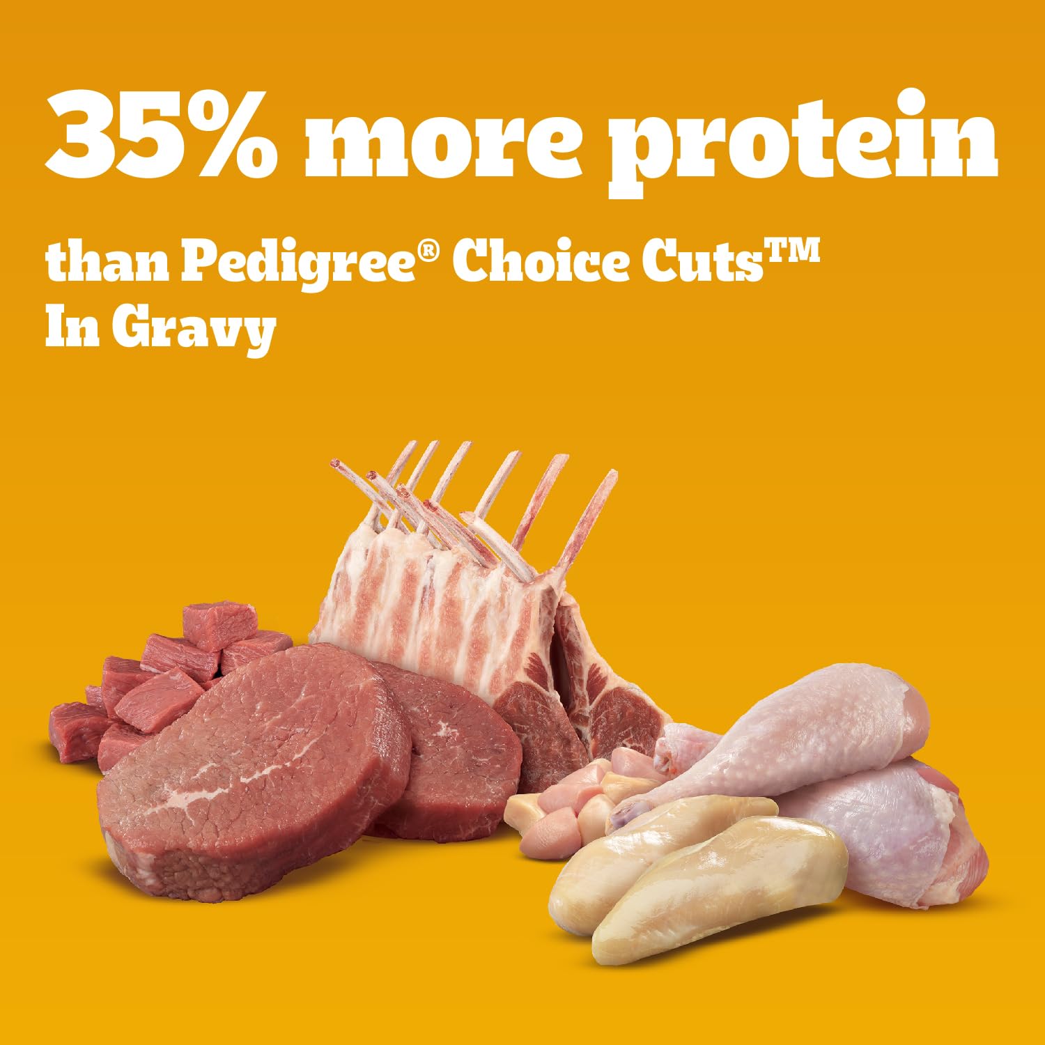 Pedigree High Protein Wet Dog Food cans in gravy, complete and balanced for adults.