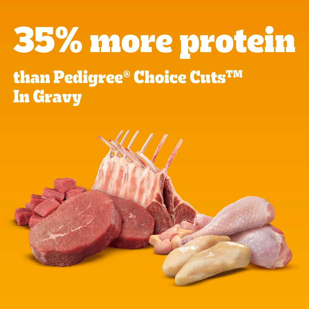 Pedigree High Protein Wet Dog Food cans in gravy, complete and balanced for adults.