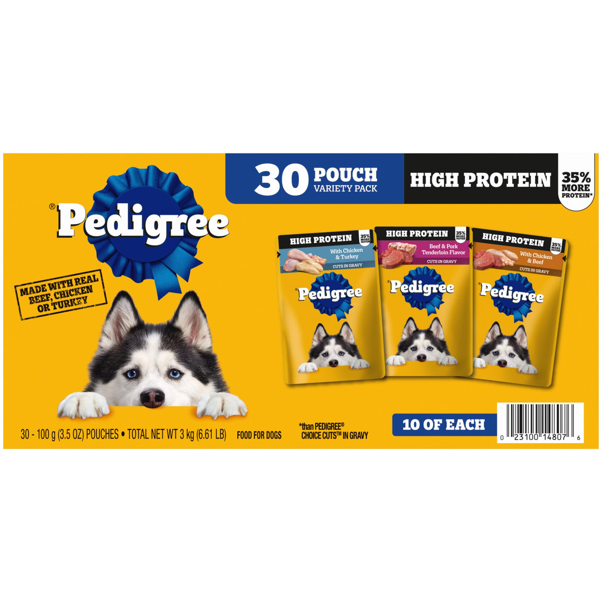 Pedigree High Protein chicken-turkey cuts in gravy in bowl for meal variety