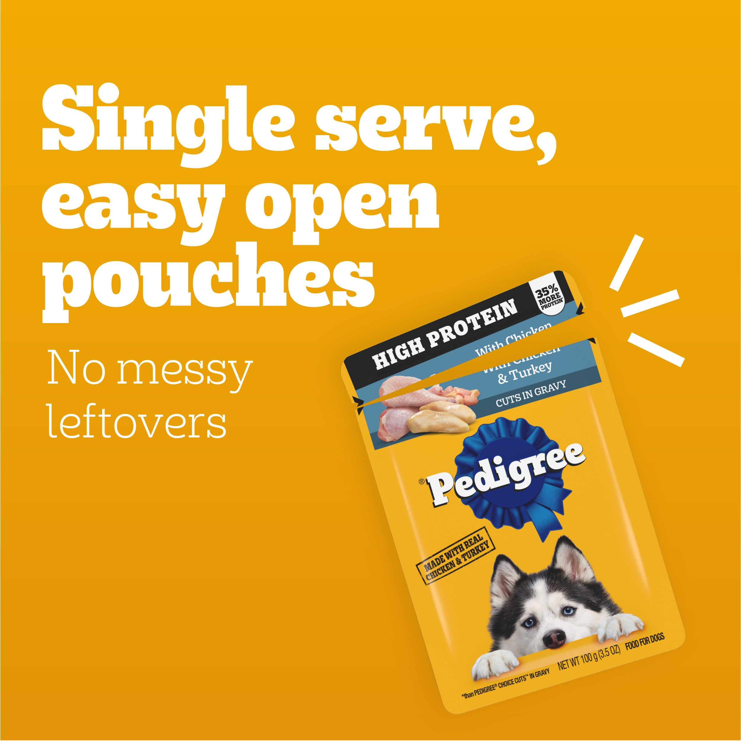 Pedigree High Protein pouch opened to reveal chunky meat pieces