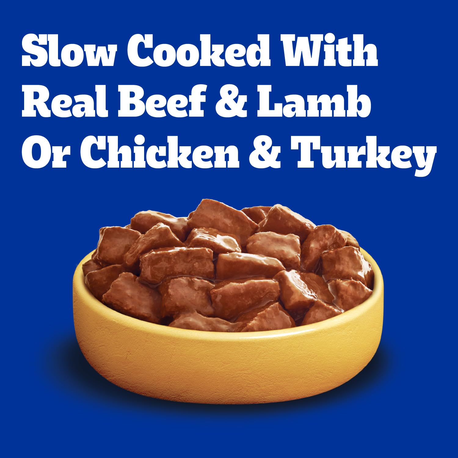 Pedigree High Protein Wet Dog Food soft-meat chunks, easy-to-chew texture for mature dogs.
