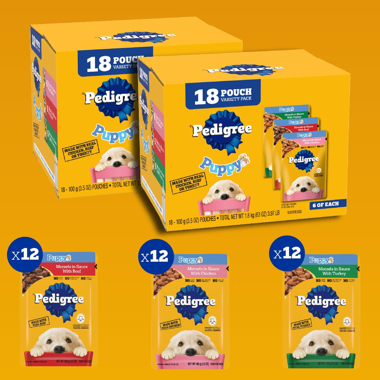 Pedigree Puppy Morsels in Sauce closeup shows real chicken morsels for lean muscle support.