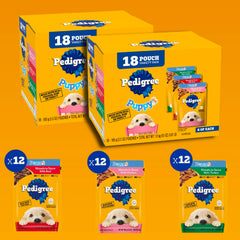 Pedigree Puppy Morsels in Sauce closeup shows real chicken morsels for lean muscle support.
