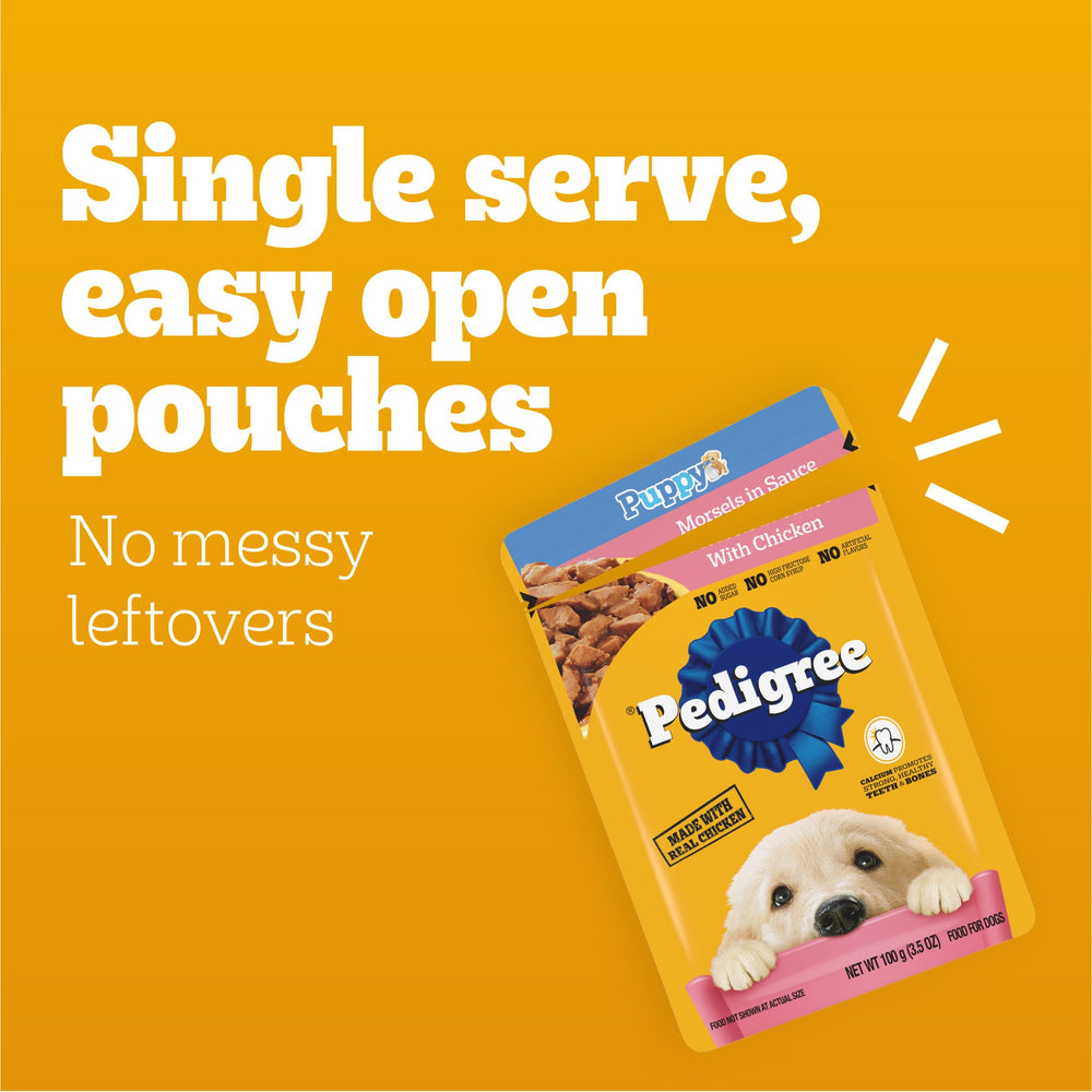 Pedigree Puppy Morsels in Sauce beside a mixed kibble bowl shows versatility.