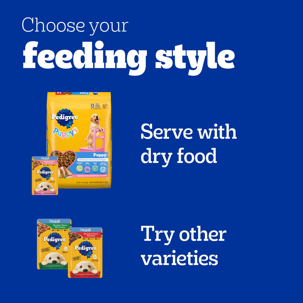 Pedigree Puppy Morsels in Sauce contains no added sugar or artificial flavors.