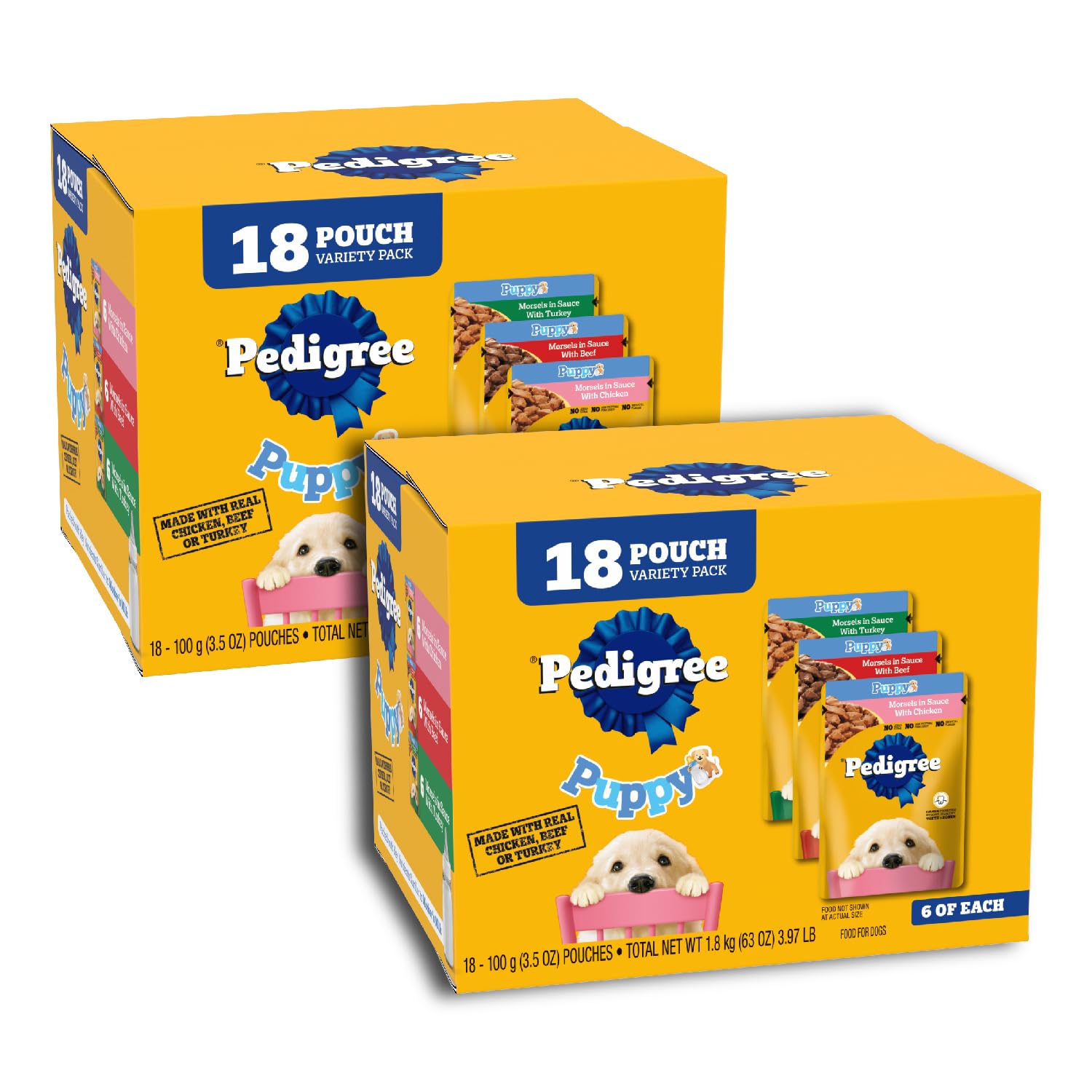 Pedigree Puppy Morsels in Sauce packaging shows convenient 3.5 oz pouches for easy meals.