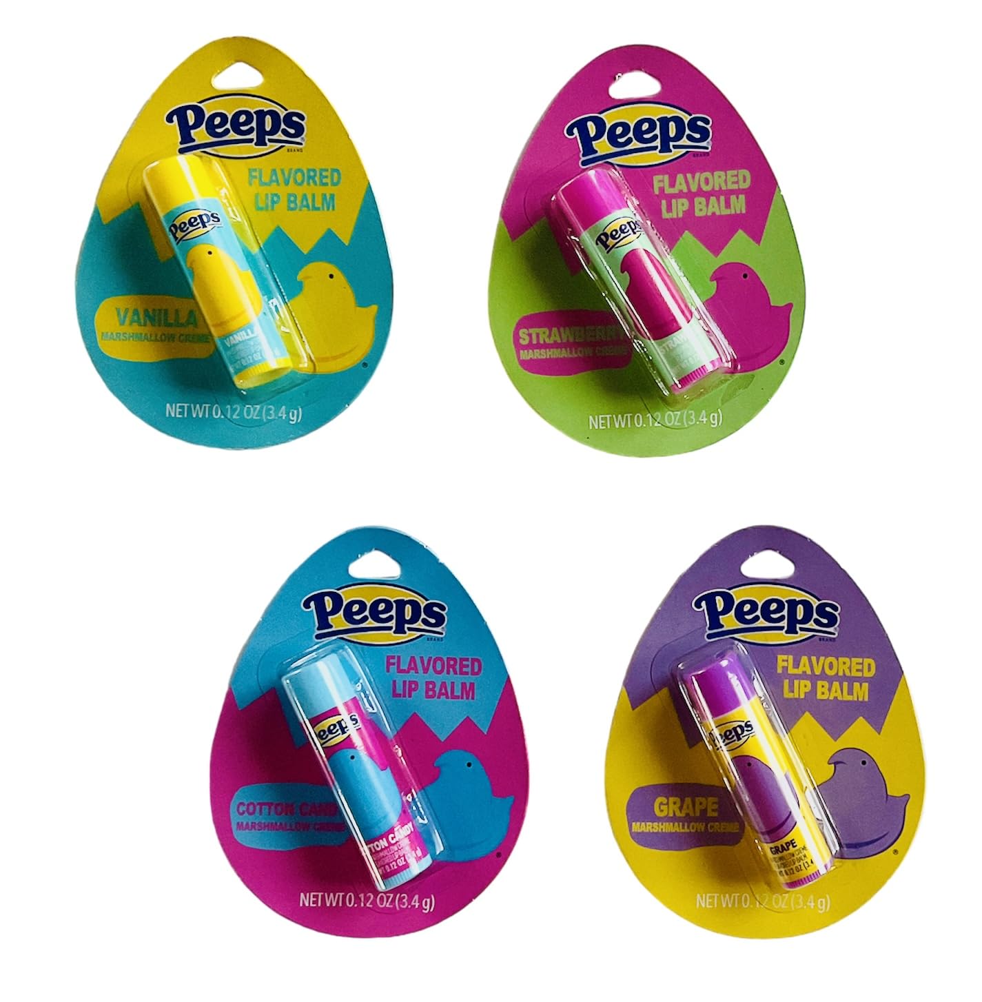 Peeps vanilla scented lip balm with marshmallow cream texture for hydrated lips.