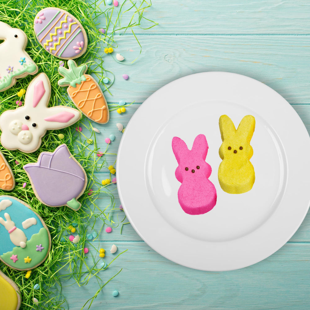 Colorful Peeps pink and yellow bunnies arranged for celebration