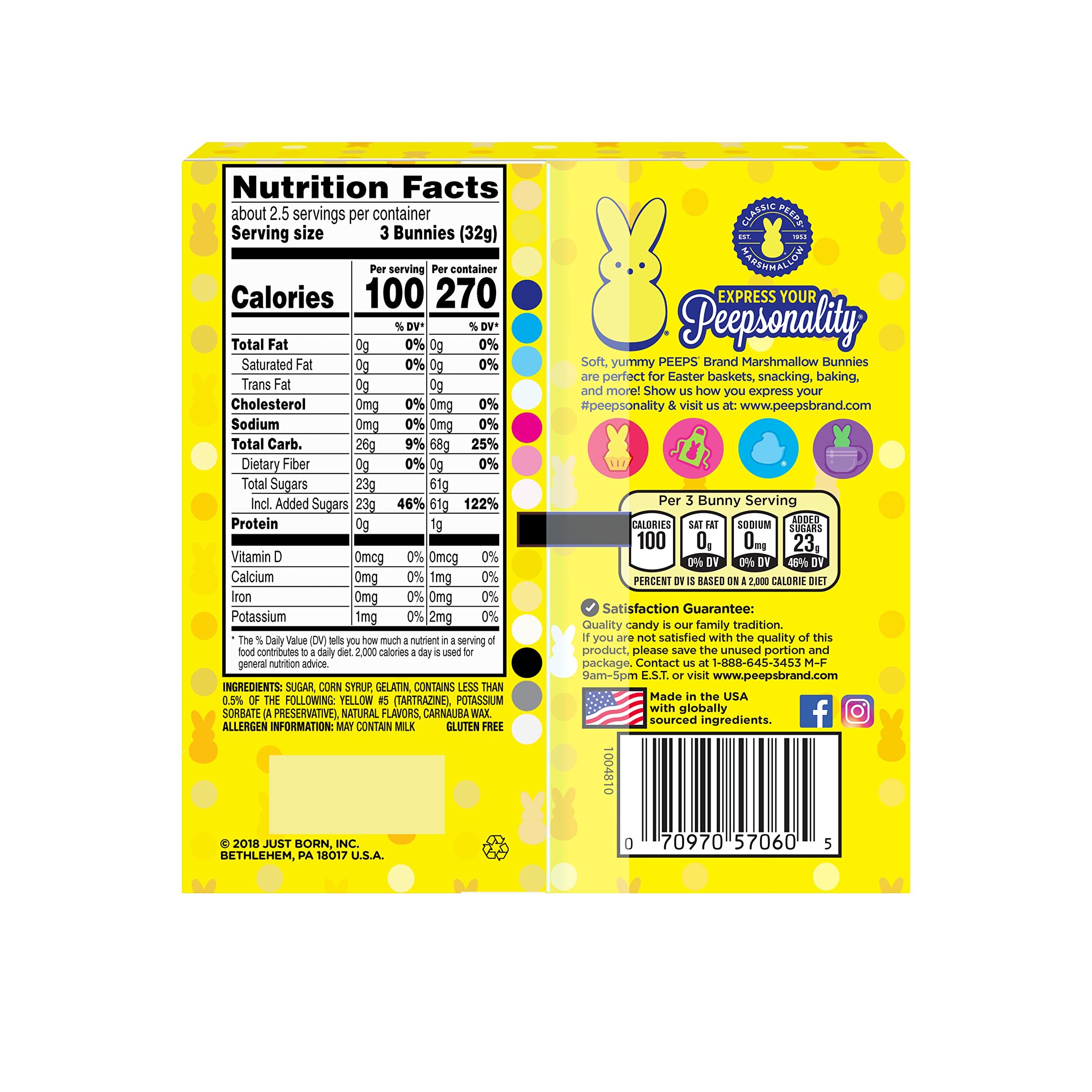 Just Born Peeps yellow bunny close-up, gluten-free and great for sharing
