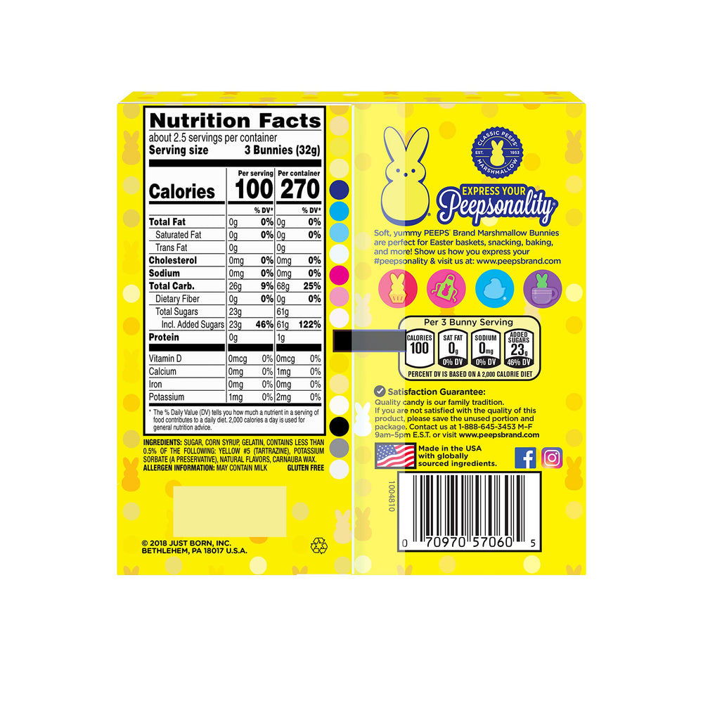 Just Born Peeps yellow bunny close-up, gluten-free and great for sharing