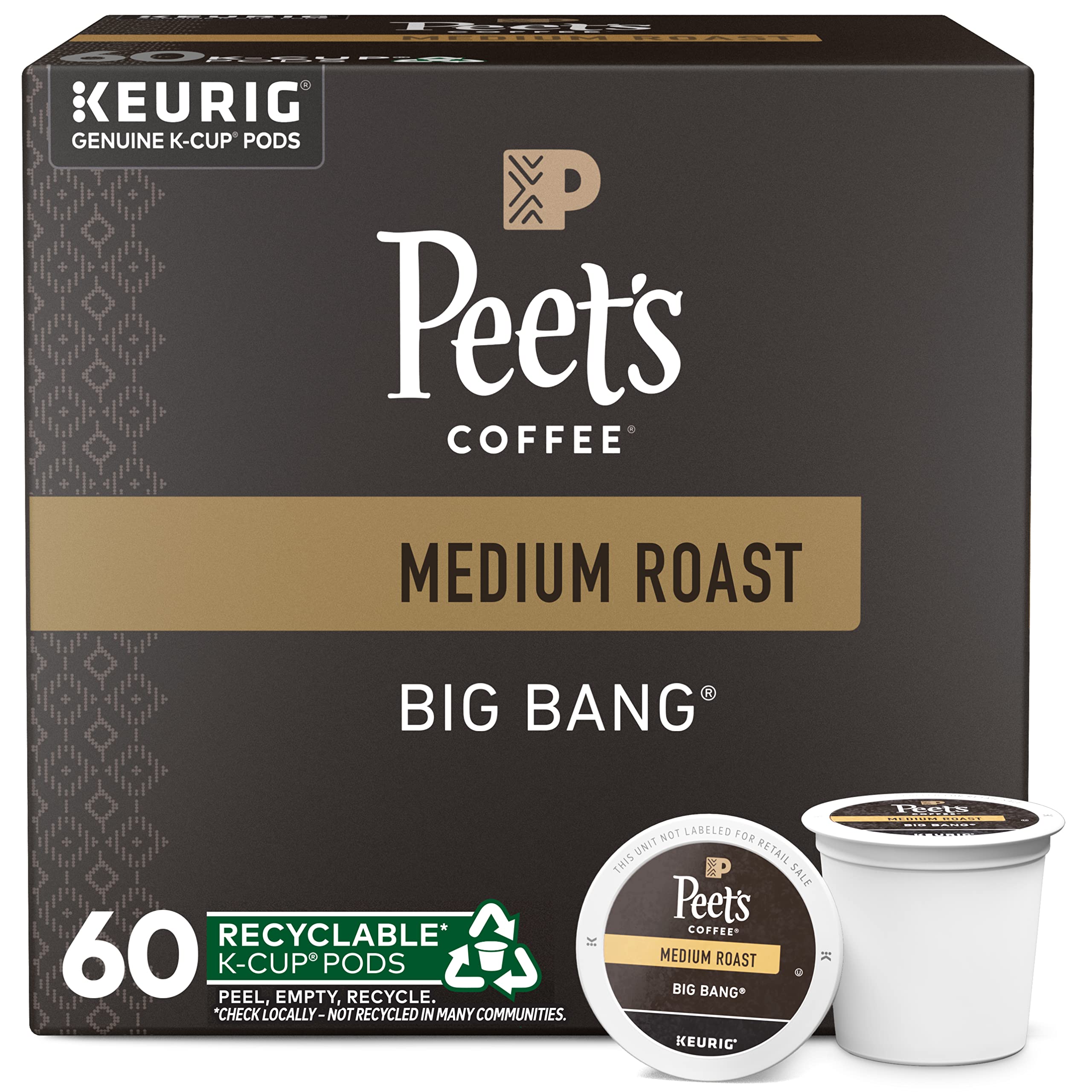 Peet's Big Bang boxes show 60-count K-Cup pods for quick morning brews.