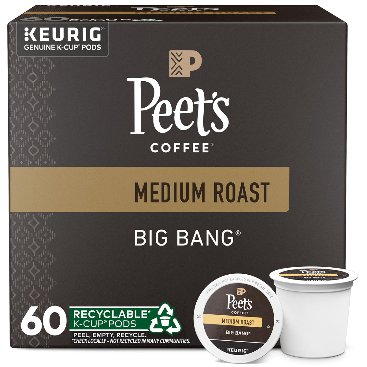Peet's Big Bang boxes show 60-count K-Cup pods for quick morning brews.