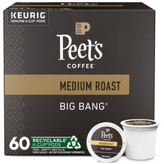 Peet's Big Bang boxes show 60-count K-Cup pods for quick morning brews.