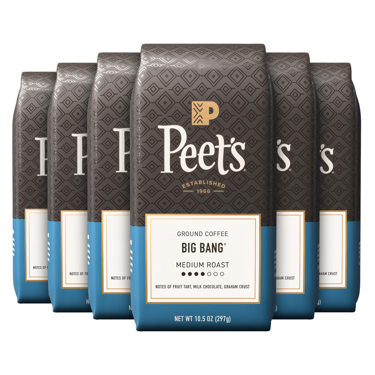 Peet's Big Bang ground coffee six-bag set, front view highlighting value for daily brewing