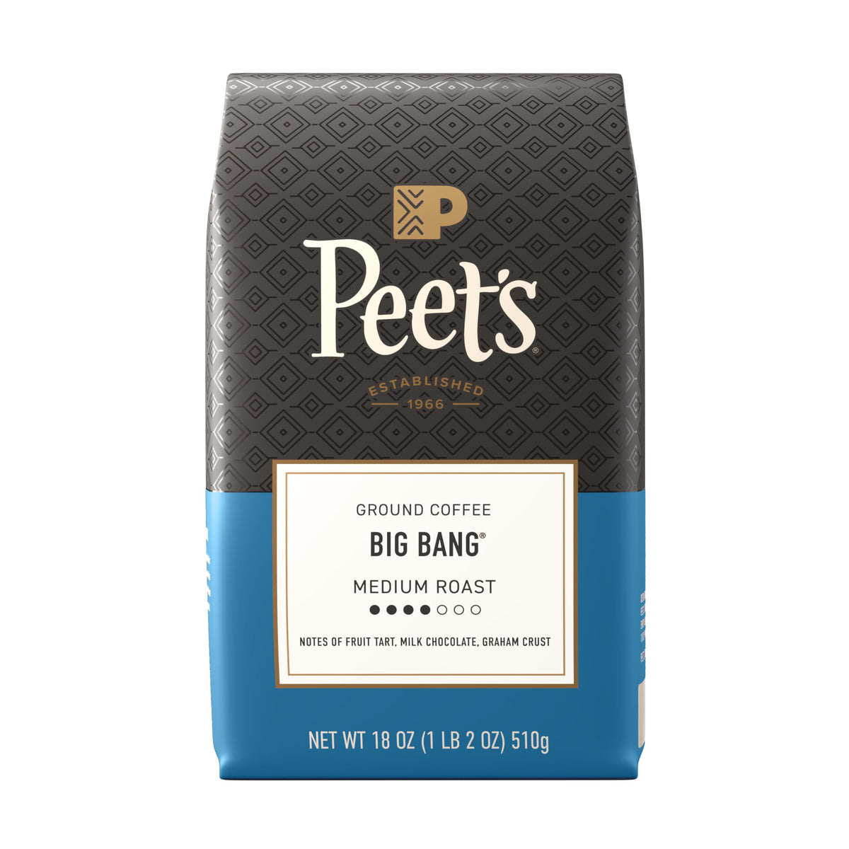 Peet's Big Bang ground coffee bag, mid roast, balanced daily brew.