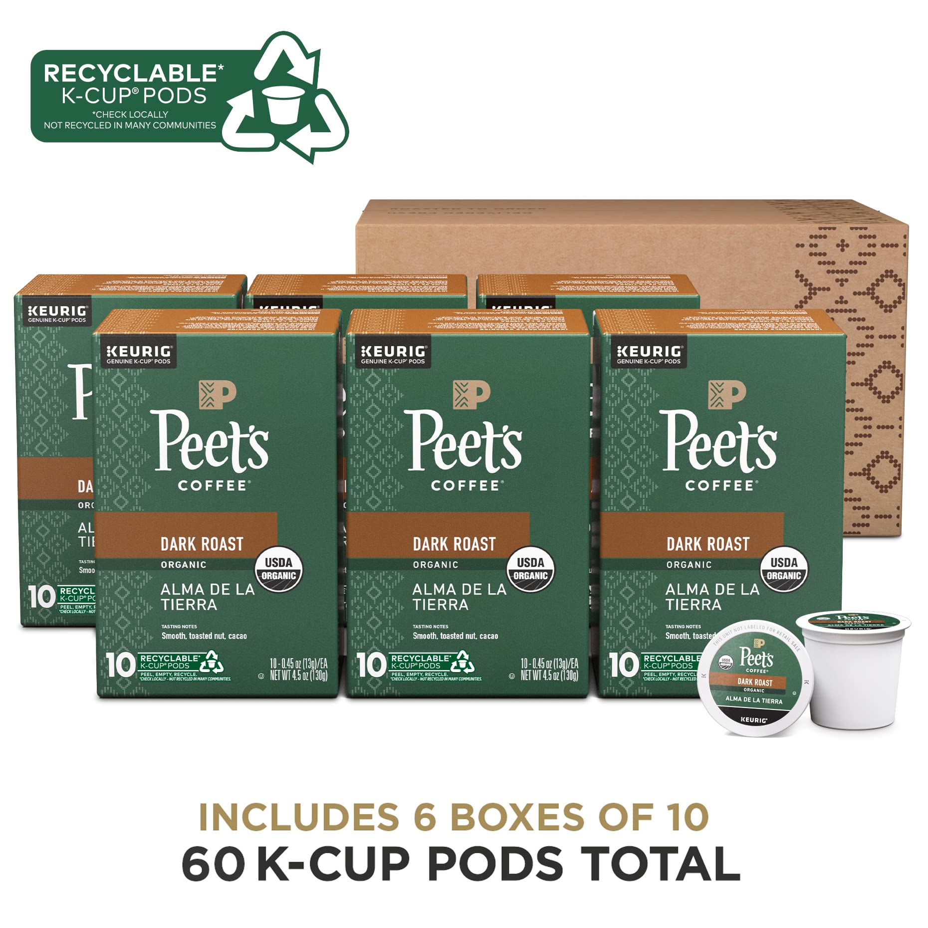 Peet's Alma de la Tierra pod closeup highlights dark roast aroma.