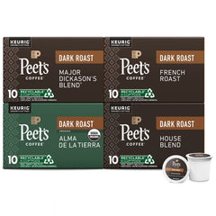 Peet's Coffee dark roast variety pack box front showing four bold flavors.