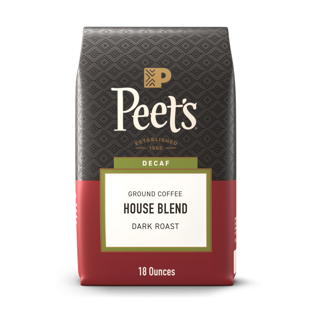 Peet's Coffee Decaf House Blend bag on a kitchen counter, highlighting freshness.