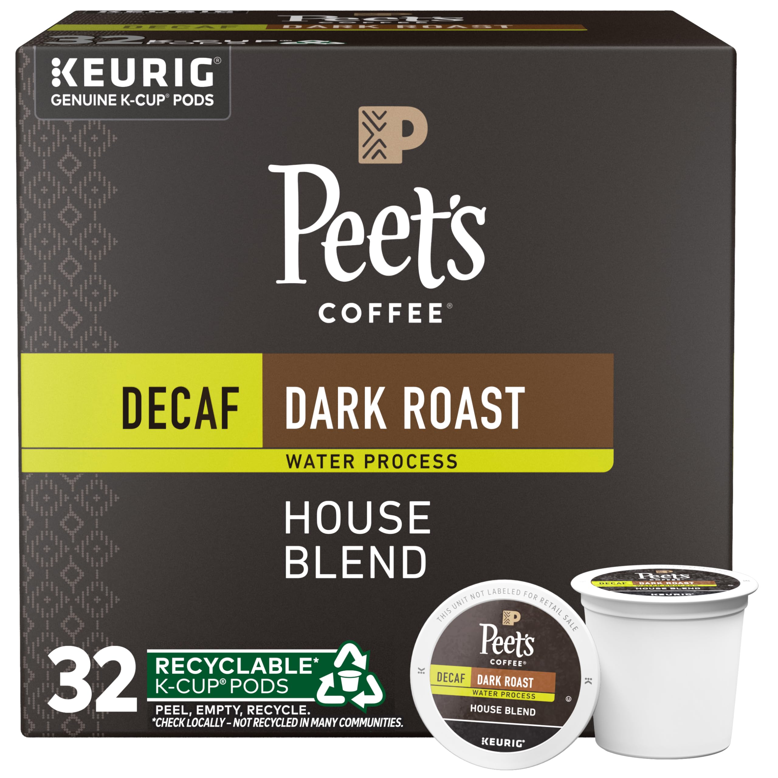 Peet's Coffee Decaf House Blend box of 32 pods for quick mornings.