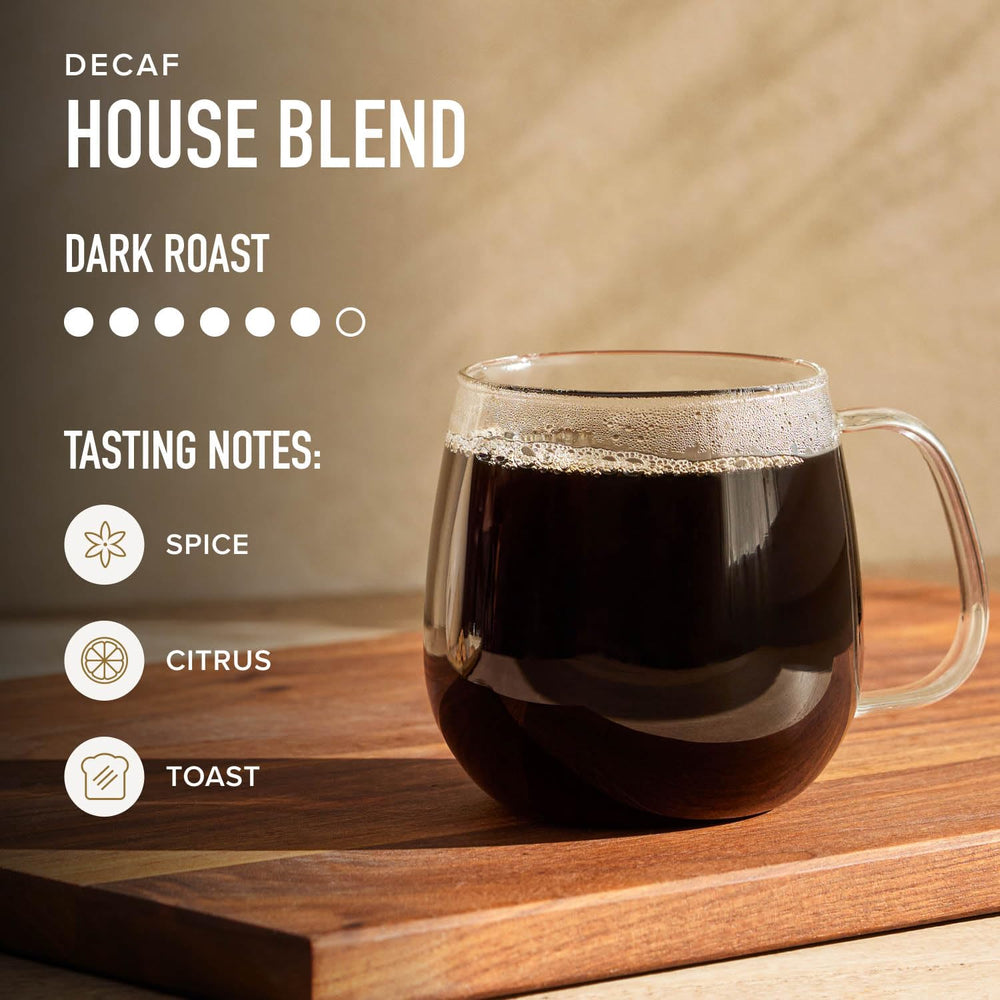 Freshly roasted Peet's Decaf House Blend bag ready to enjoy.