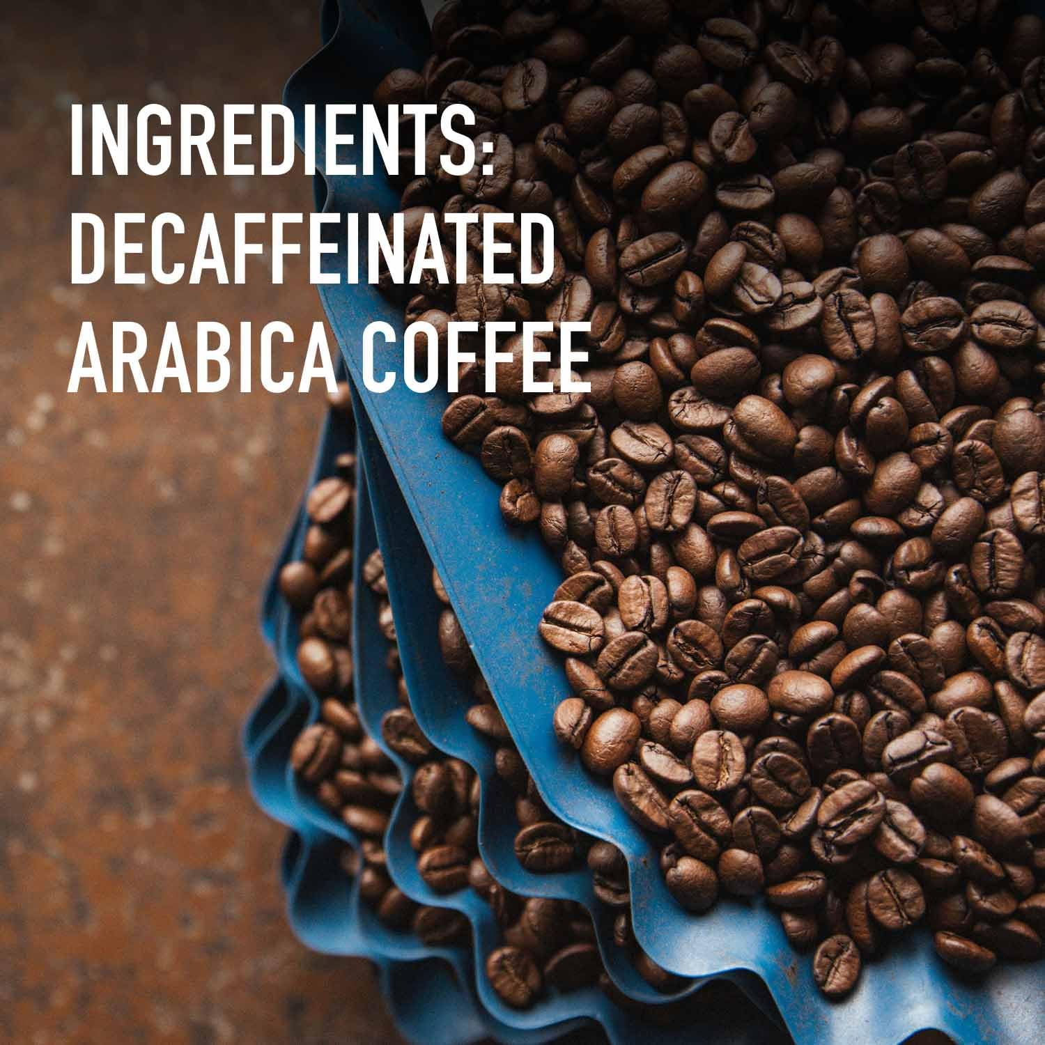 Close-up of Peet's Decaf House Blend label, emphasizing dark roast flavor.