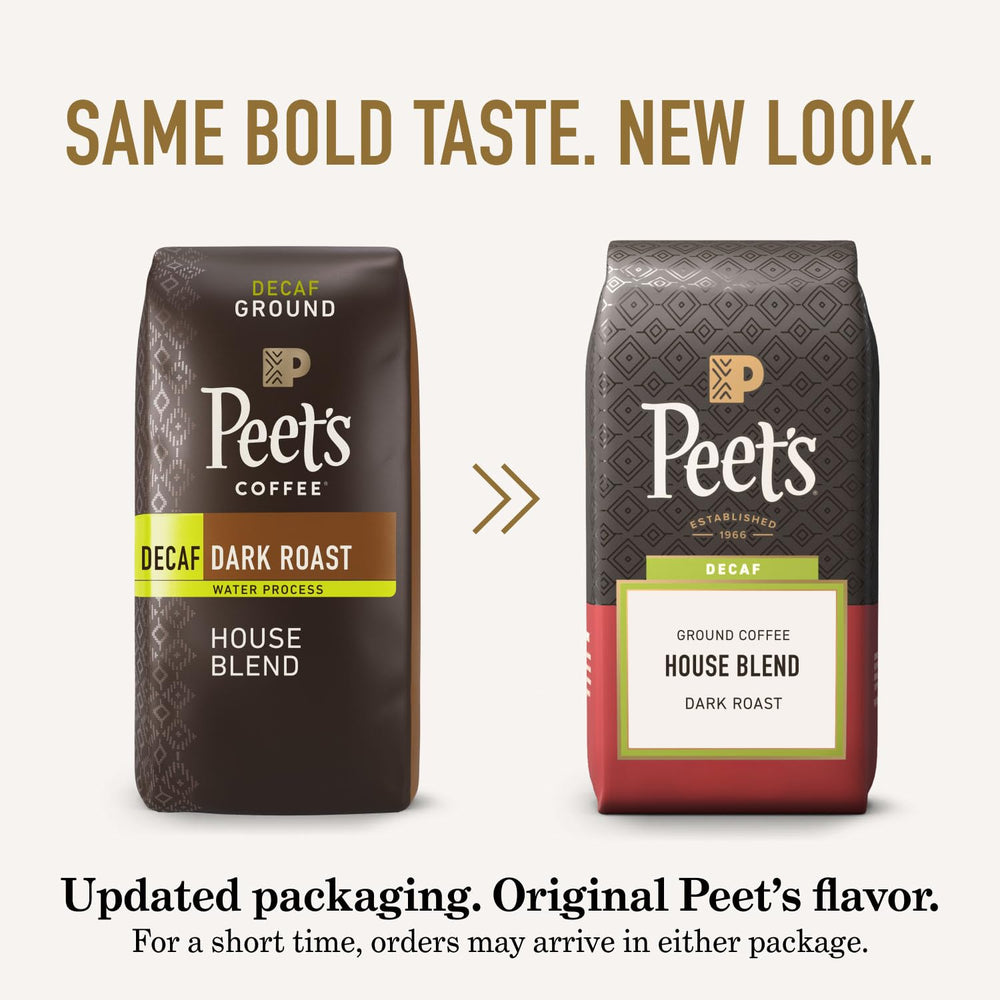 Steaming cup of Peet's Decaf House Blend with inviting aroma.
