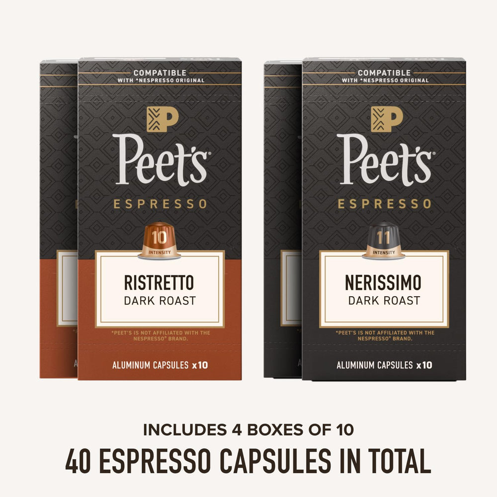 Peet's Espresso capsules close-up with crema for rich, smooth espresso