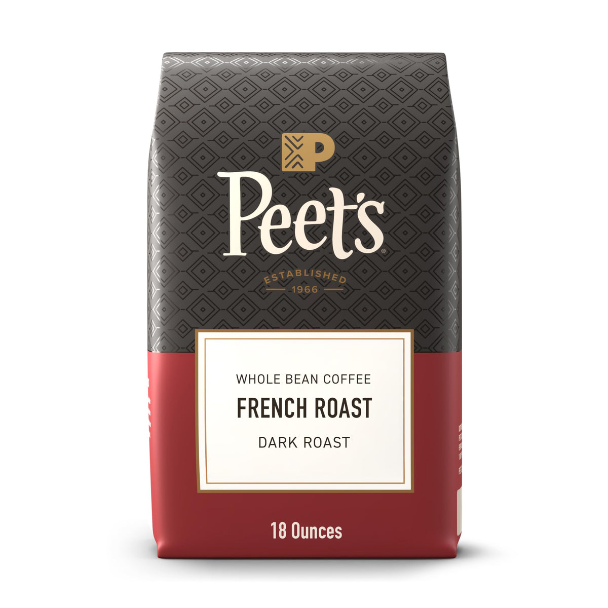 Peet's Coffee French Roast 18oz bag, rich aroma ready for morning brew.