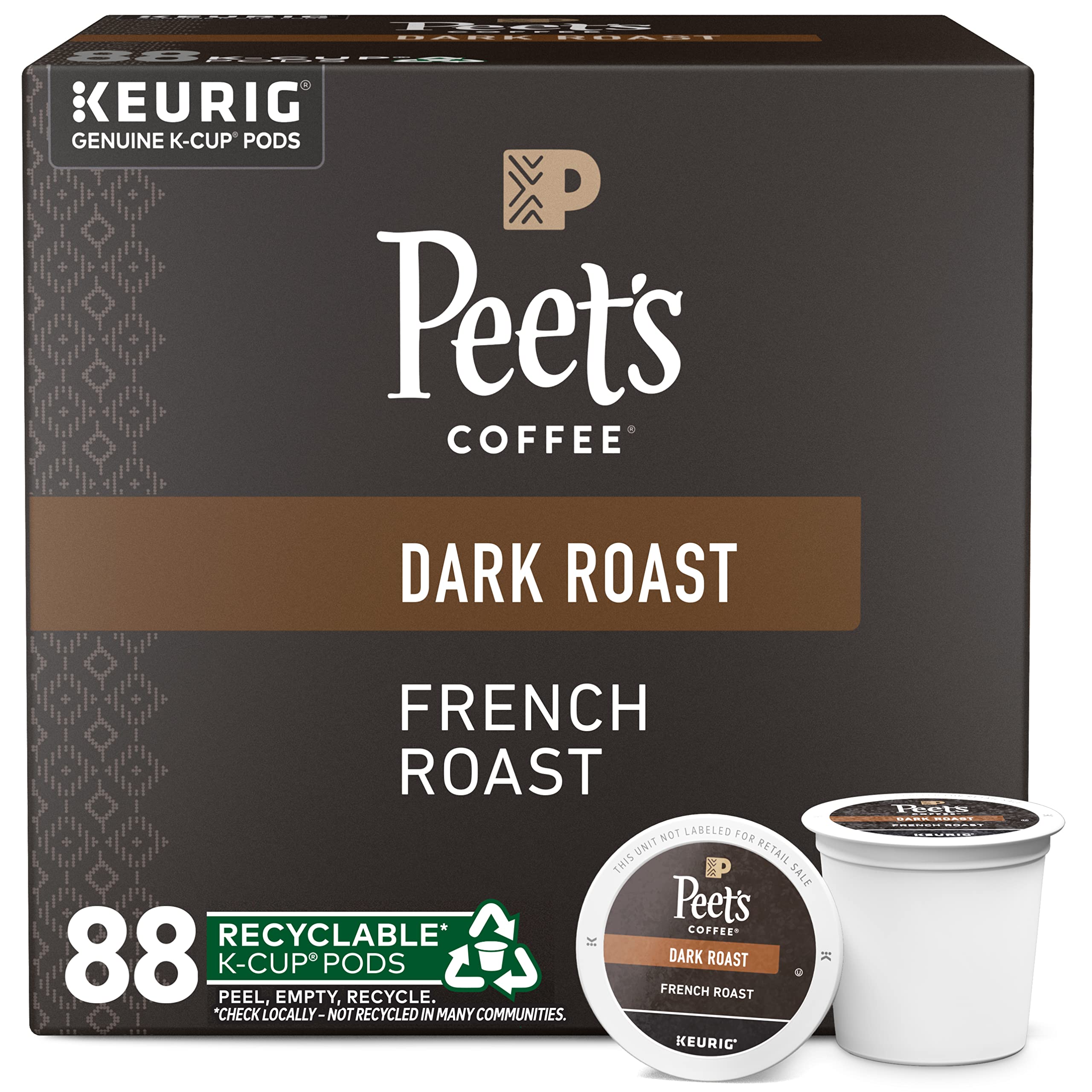 Peet's Coffee French Roast box of 88 K-Cup pods on a shelf for bold home brewing
