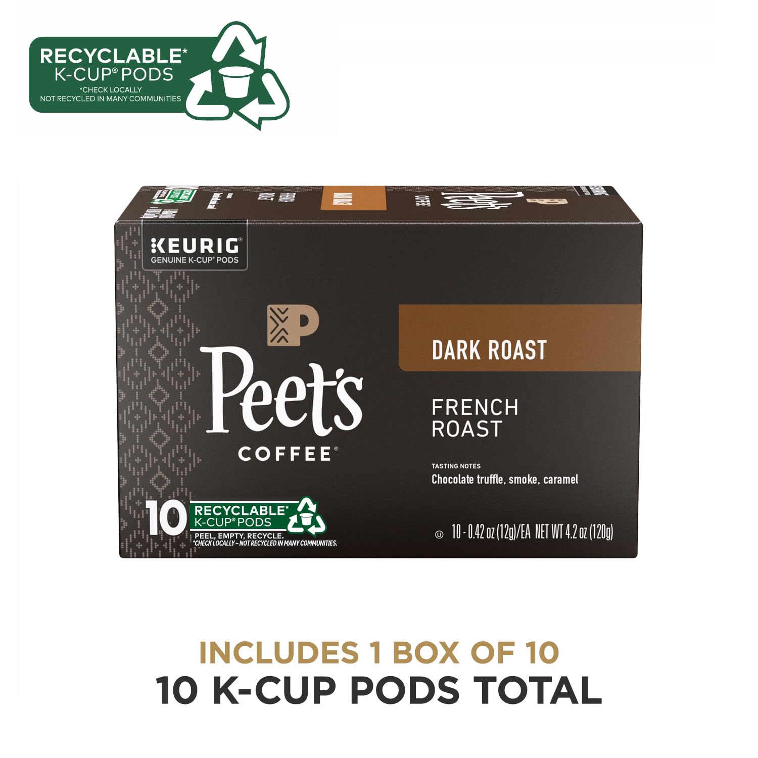 Close-up of Peet's French Roast K-Cup pod showing rich color.