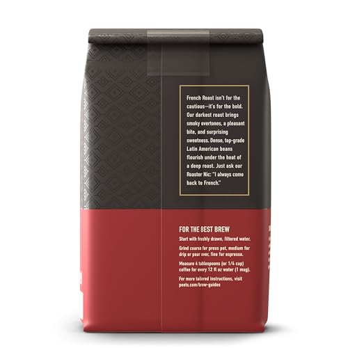 Peet's French Roast bag-label detail emphasizing 100% Arabica origins.