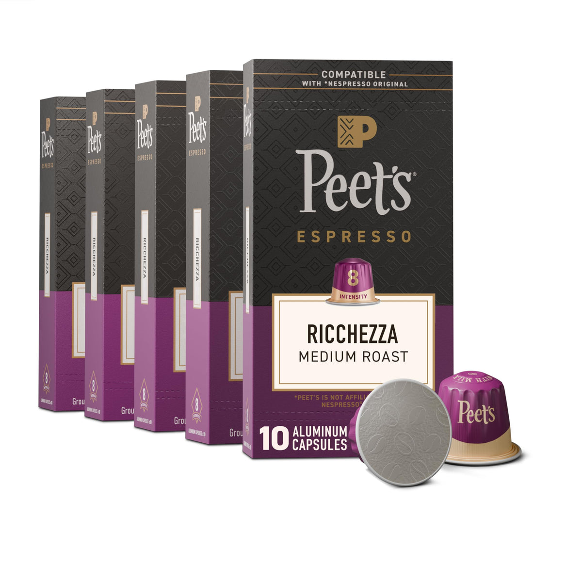Peet's Coffee Ricchezza capsules pack on a clean counter for home espresso