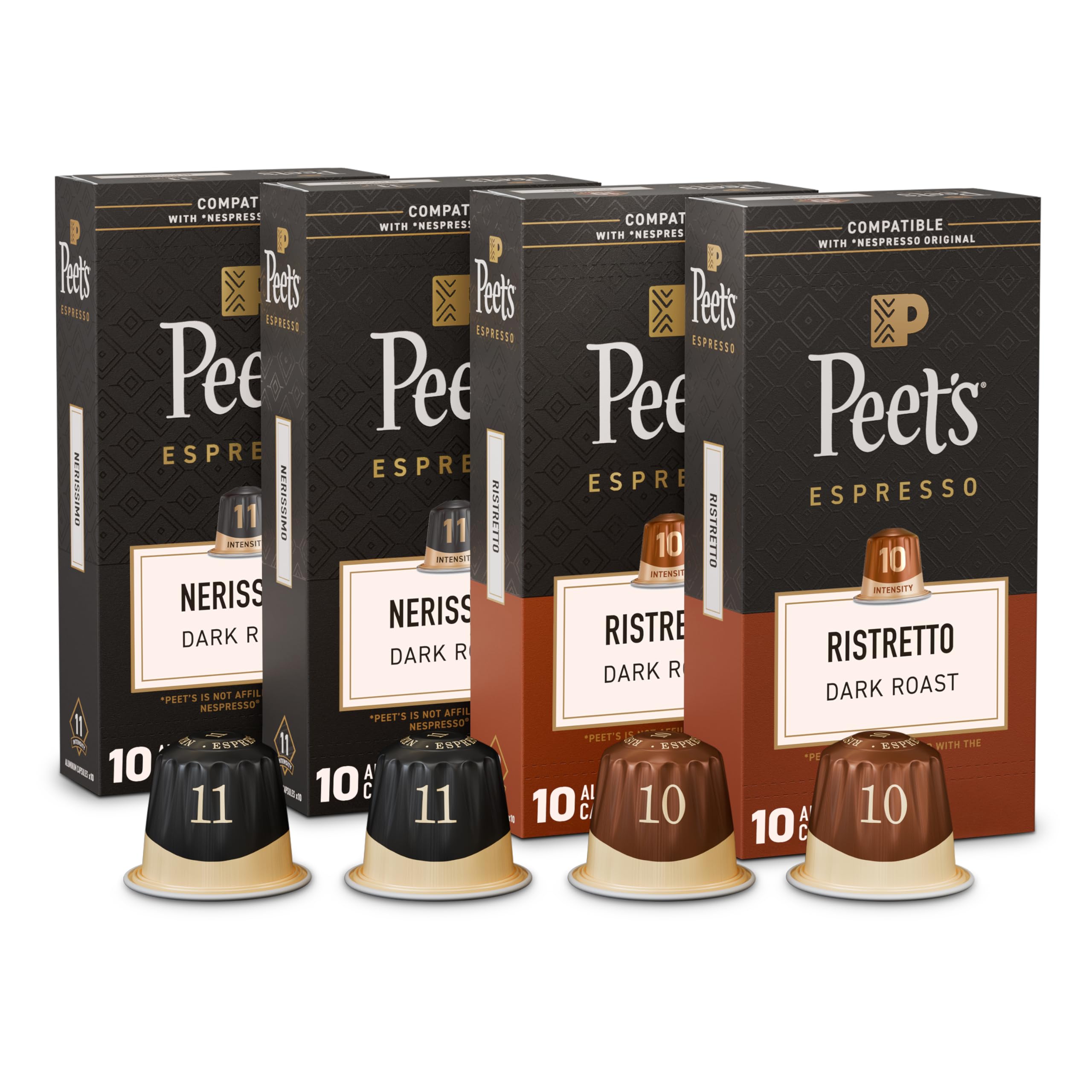 Peet's Coffee Ristretto capsule pack close-up for bold espresso flavor