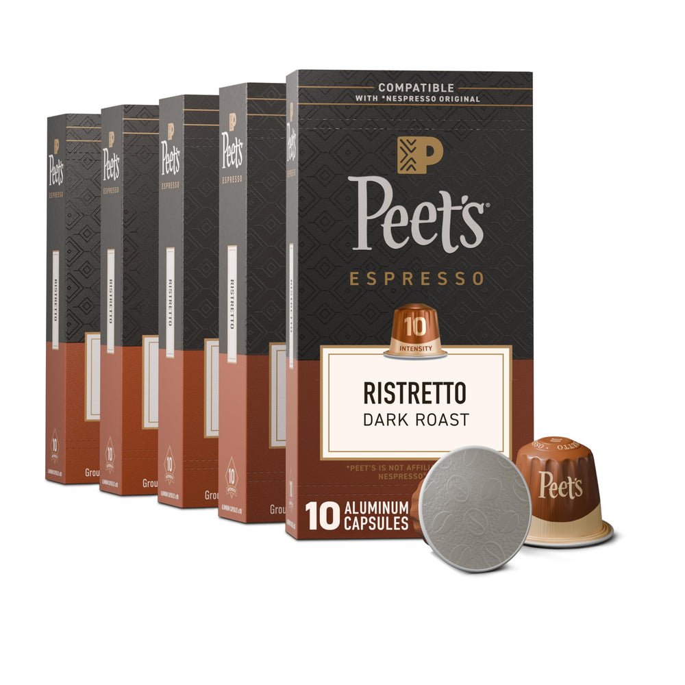 Peet's Coffee Ristretto Intensity 10 box front displays a five-box set for convenient home espresso.