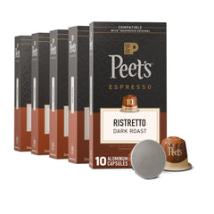 Peet's Coffee Ristretto Intensity 10 box front displays a five-box set for convenient home espresso.