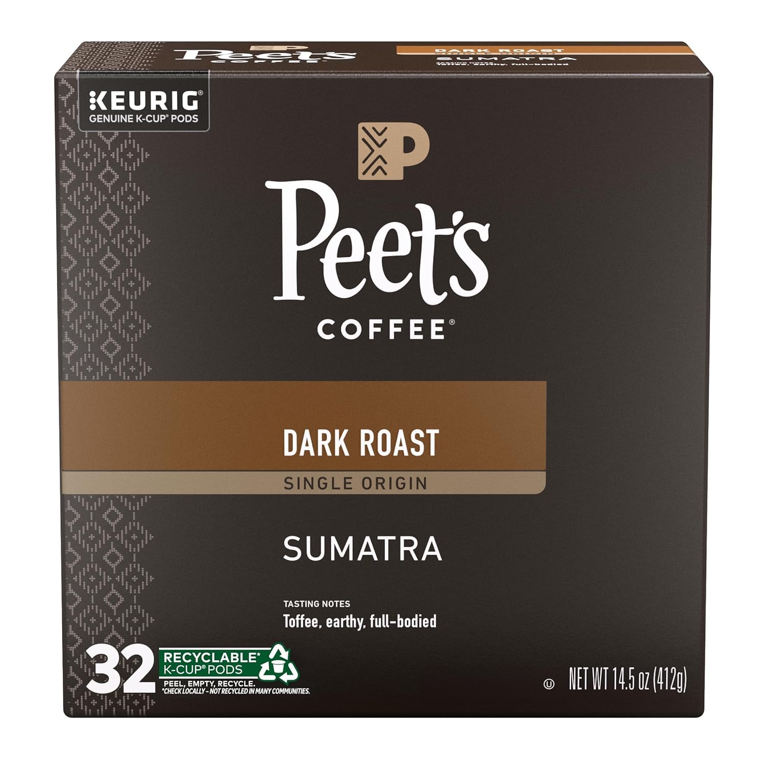 Peet's Sumatra dark roast pods box—32-count for bold mornings