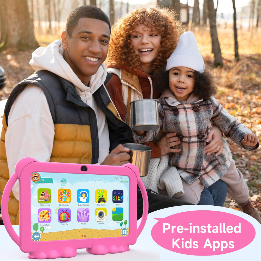 PEICHENG Kids Tablet 7 inch dual cameras support selfies and video calls.