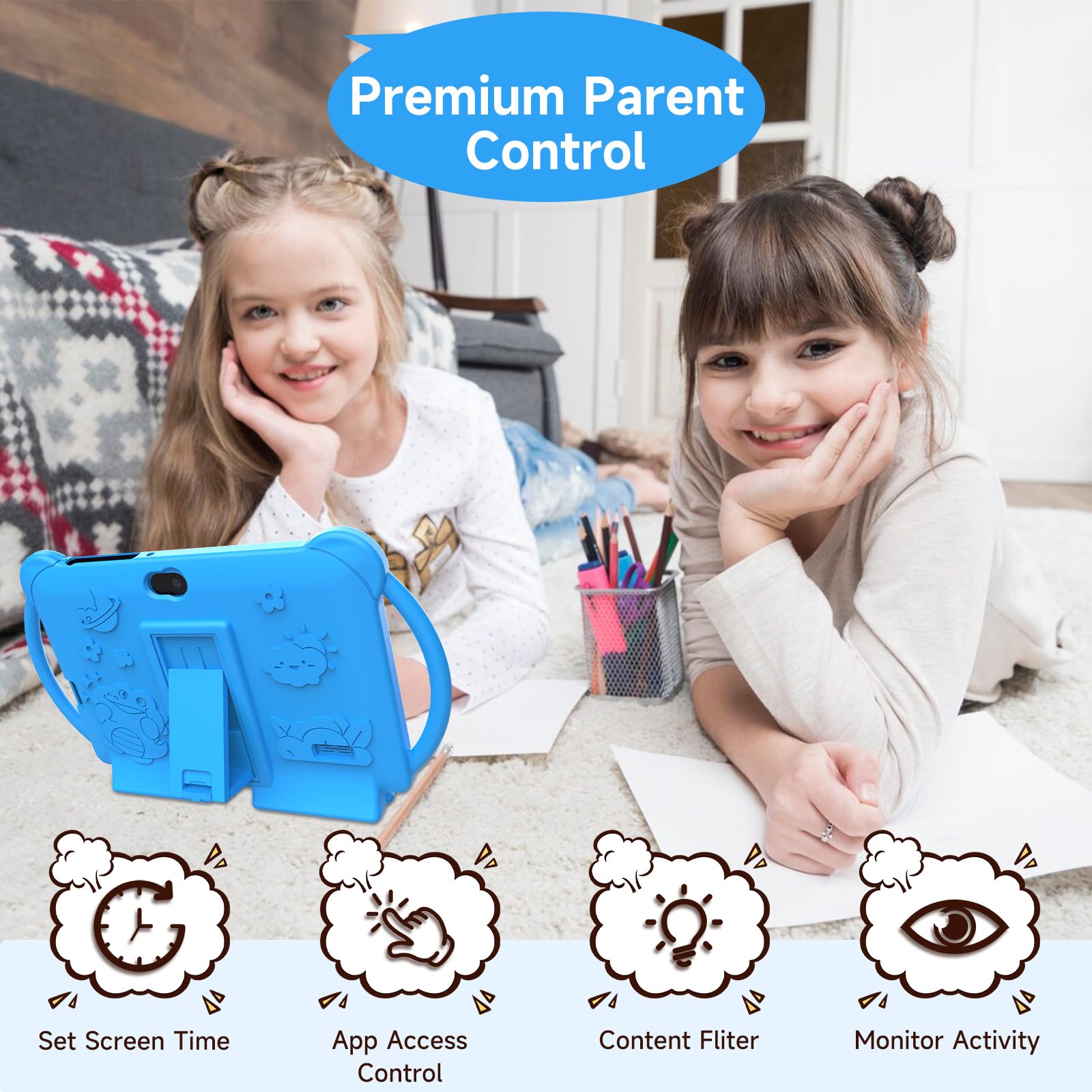PEICHENG Kids Tablet blue IPS display emphasizes clear reading and videos