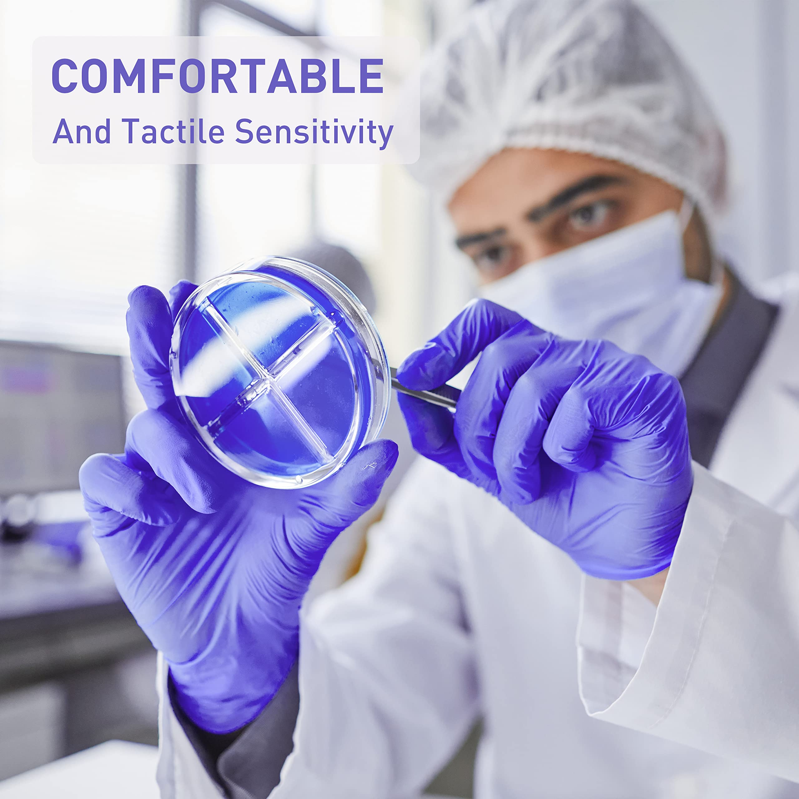 PEIPU nitrile gloves food-handling scene shows safe kitchen tasks.