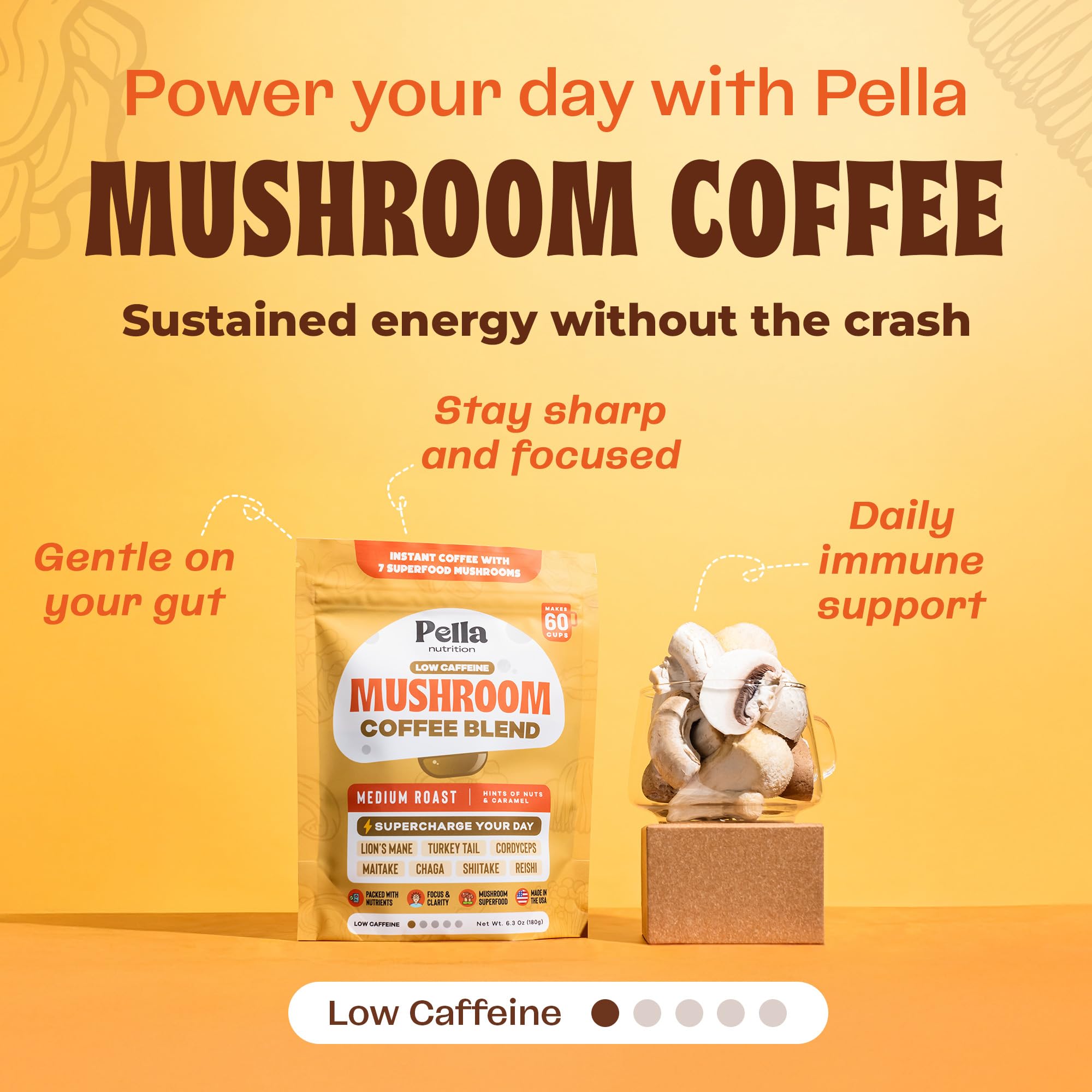 Pella Nutrition mushroom powder bag highlights premium blend for smooth mornings.