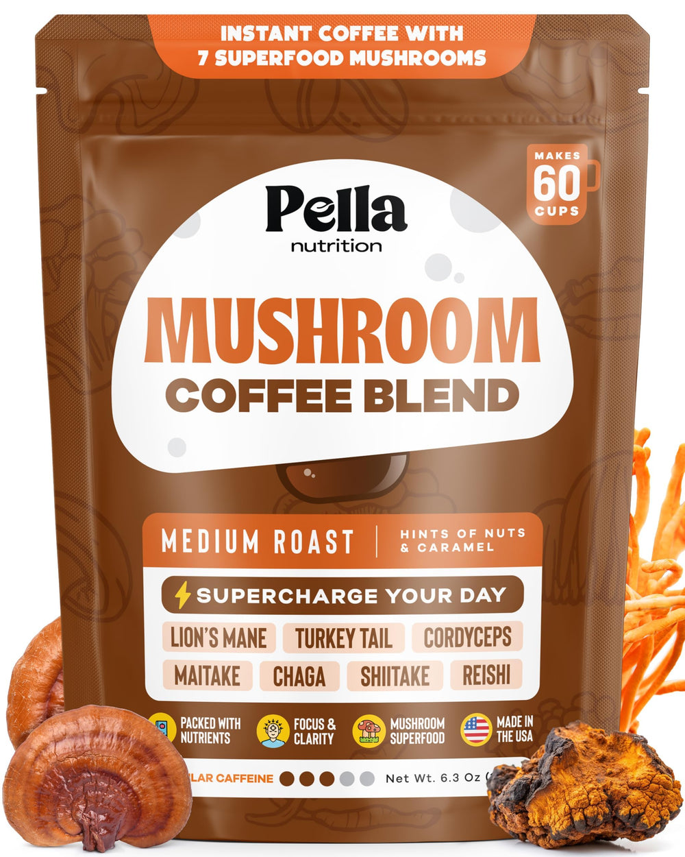 Pella Nutrition mushroom coffee cup for focused energy and smooth flavor.