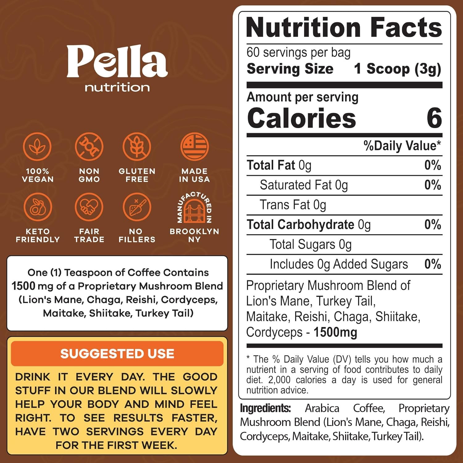 Pella Nutrition mushroom coffee steaming cup inviting energized focus without jitters.