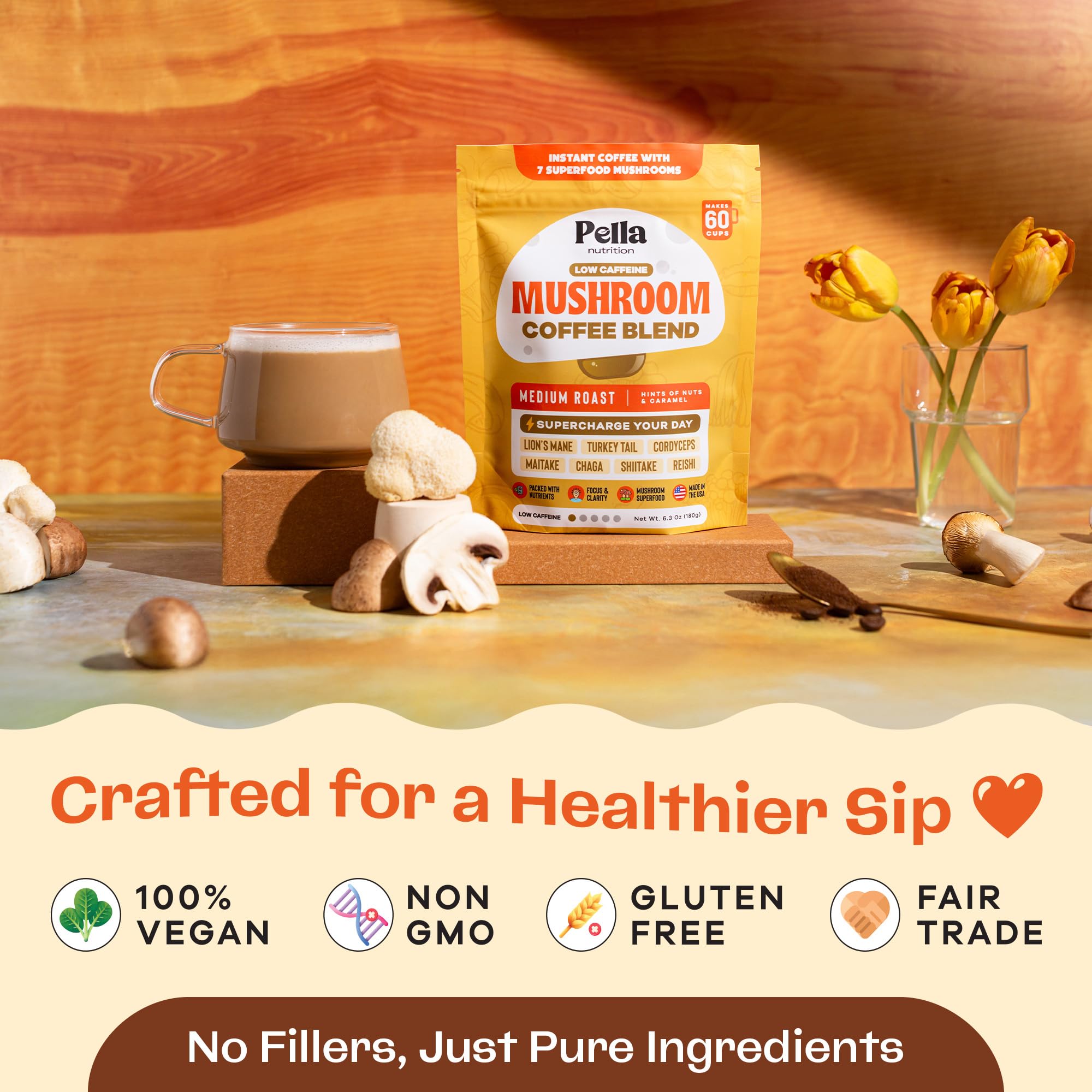 Pella Nutrition caramel-nut hint aroma enhances daily coffee experience.