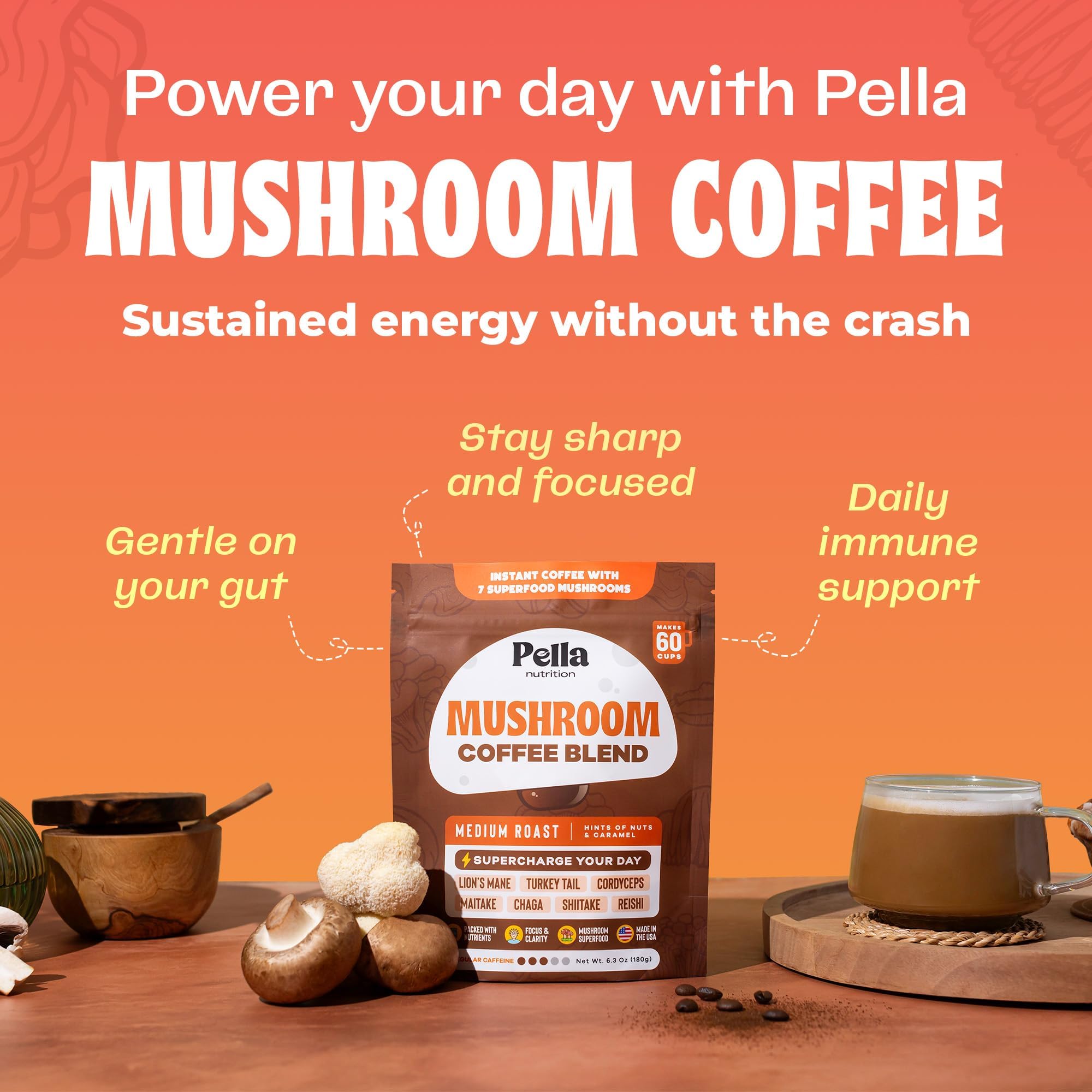 Pella Nutrition Reishi and Chaga mushrooms conveying calm energy.